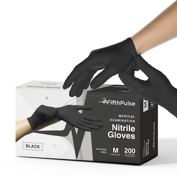Fifthpulse FMN100, Disposable Gloves, 3 mil Palm, Nitrile, Powder-Free, M, 200 PK, Black FP-N-200-M-BLK - main